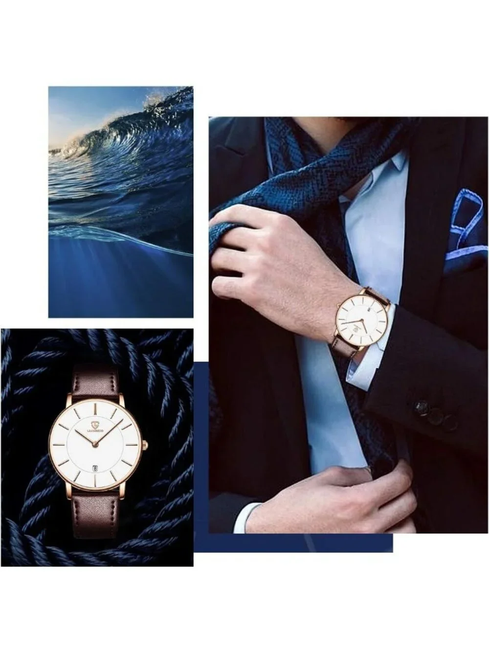 Men's Brown White Leather Strap Analog Minimalist Fashion Simple Wrist Watch